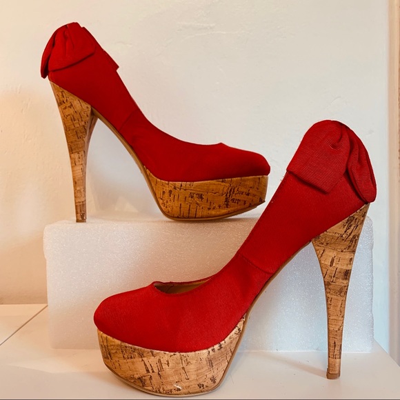 Shoe Dazzle Shoes - Shoe dazzle Red stilettos with bow & cork heels